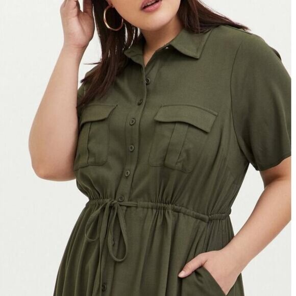 NWT TORRID Mini Twill Drawstring Shirt Dress Sz 6X Olive Deep Depths - Picture 3 of 6